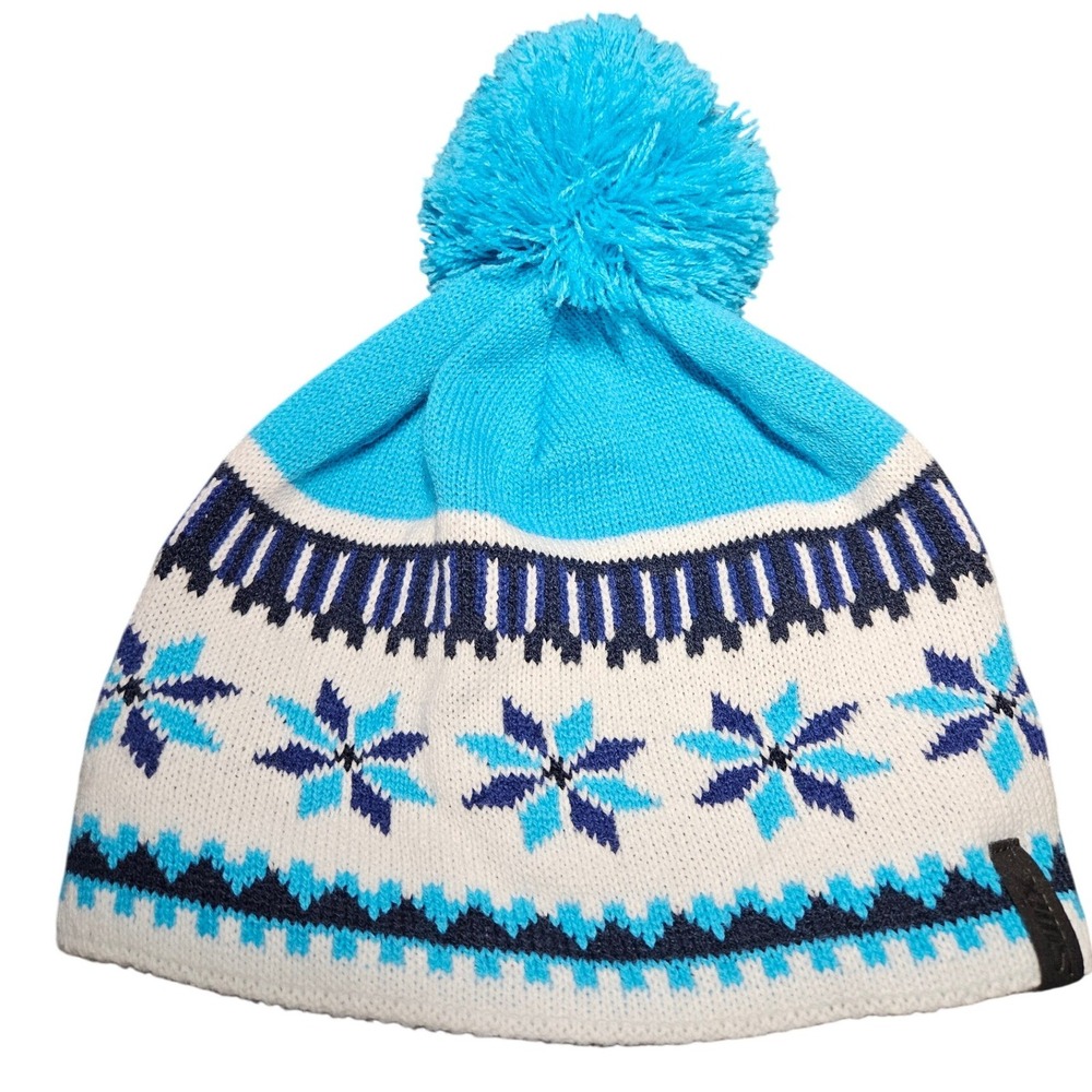 Swix Women Blue White Fair Isle Snowflake Knit Pom Pom Beanie Ski Hat